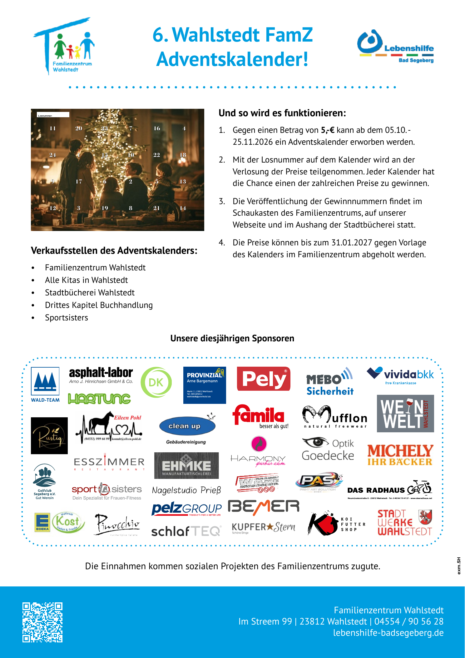 Plakat zum 6. Wahlstedt FamZ-Adventskalender 2026 mit Verkaufsinformationen, Gewinnverlosung, Sponsoren und Kontaktdaten
