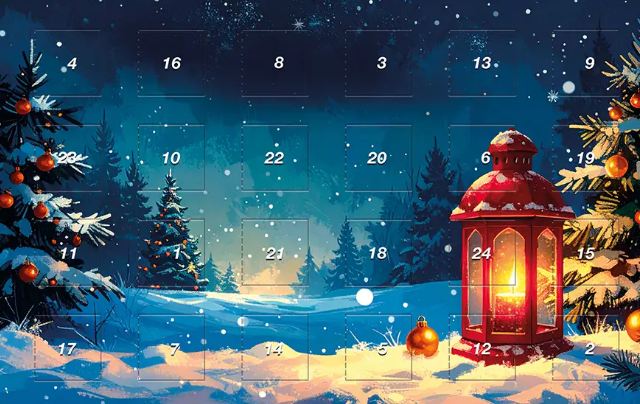 Winterlicher Adventskalender mit Laterne und verschneiter Landschaft